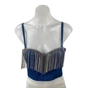 Women's Blue Fringe Rhinestone Corset Bustier Sleeveless Denim Crop Top Size 8